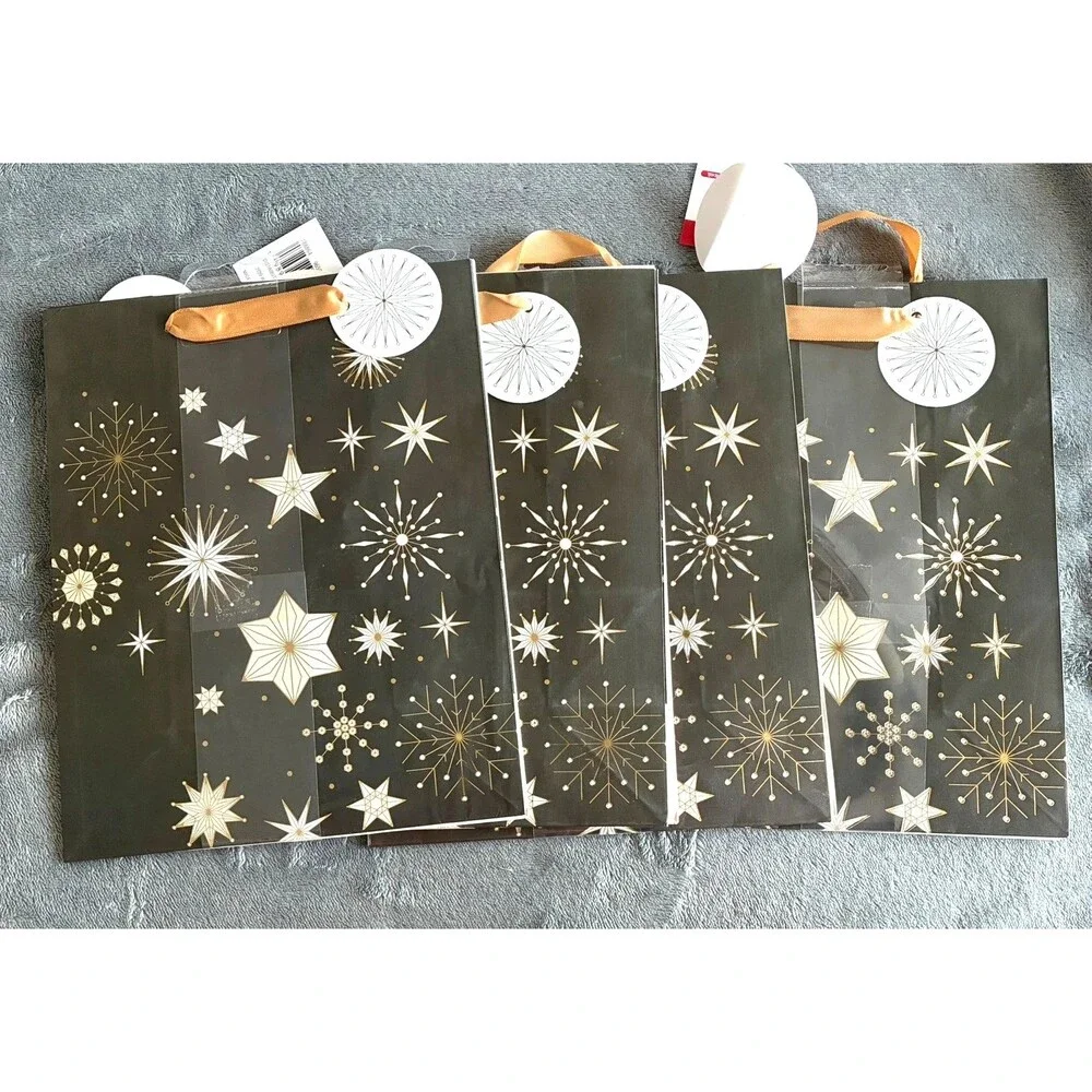 Set of 8 Christmas Gift Bags Gold White Holiday Present Bags 9.5”